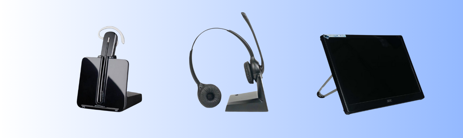 Plantronics CS520 headset, Poly CS540A headset, AOC 15.6-inch portable monitor